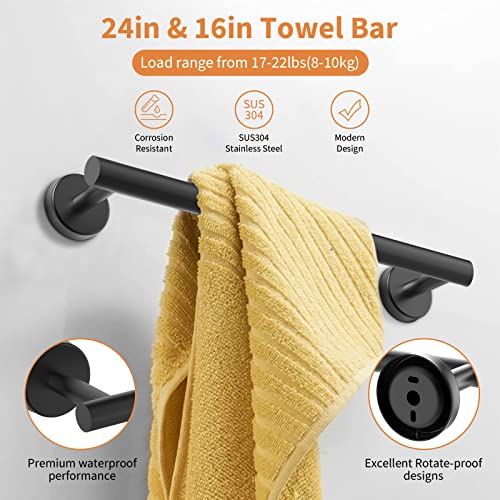Cilee 10 Piece Matte Black Bathroom Hardware Set,2 Pack 5 Piece Bathroom Accessories Set Include 24 inch,16 inch Toilet Paper Holder, Towel bar,Towel Ring,Towel Hook,Stainless Steel Wall Mounted - color: 1 Black, size: 24inch