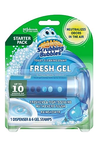 Scrubbing Bubbles Fresh Gel Toilet Bowl Cleaning Stamps, Helps Keep Toilet Clean and Helps Prevent Limescale & Rings, Rainshower Scent, 1 Dispenser with 6 Fresh Gel Stamps - size: 1.34 Ounce (Pack of 1)