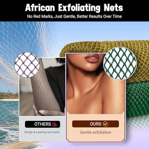 African Net Sponge Authentic 2 Pieces Gentle Exfoliating Body Scrubber Bath Sponges for All Skin Types, African Exfoliating Net Sponge with Handles Washcloth Loofah Bathing Accessories for Shower - style: Dark green, Olive green