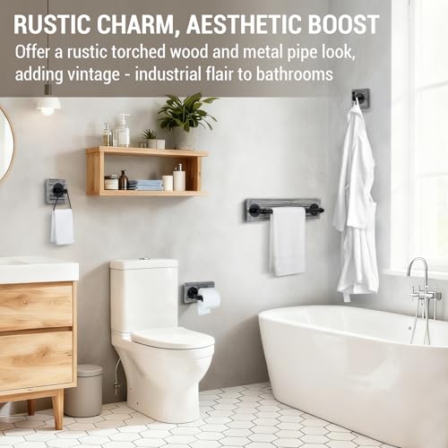 MyGift 4 Piece Wall Mounted Bathroom Hardware Set, Rustic Torched Wood and Industrial Matte Black Metal Pipe Towel Ring, Robe Hook, Toilet Paper Holder and Towel Bar - color: Torched Wood