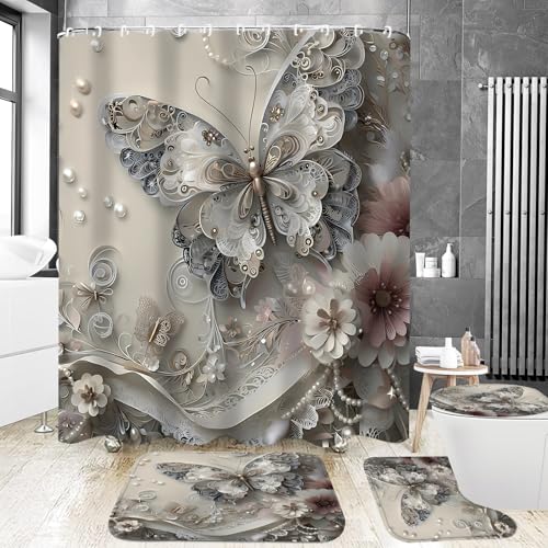 DDQQ 4Pcs Shower Curtain Sets, Gray Butterfly Bathroom Curtains Shower Set, Bathroom Decor Sets, Shower Curtain for Bathroom with Rugs, Toilet Lid Cover, Bath Mat and 12 Hooks, 71 x 71 Inches - color: Grey
