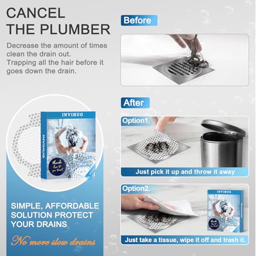 INVIHUG Disposable Shower Drain Hair Catcher Mesh Stickers, 25 Pack, Hair Catcher for Shower (White, 25pcs) NRHC-01
