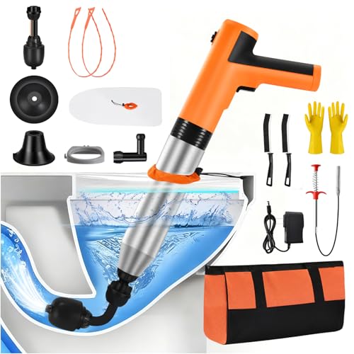 Electric Toilet Plunger, High Pressure Toilet Snake Drain Clog Remover, Splash-free Unclogger with Drain Snake Auger, Plungers for Bathroom Heavy Duty, Versatile Air Blaster Unclogger Kit (Orange) - color: Electric Orange