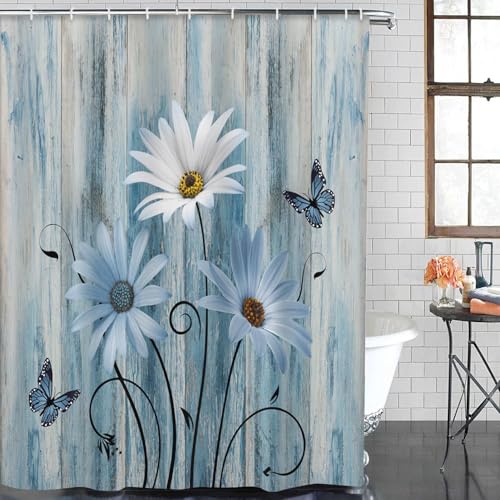 ArtSocket Blue Daisy Bathroom Set with Shower Curtain and Bath Rugs and Accessories,Wooden Boards Non-Slip Shower Curtain Set,Bathroom Decor 3 Pcs - color: Blue Daisy