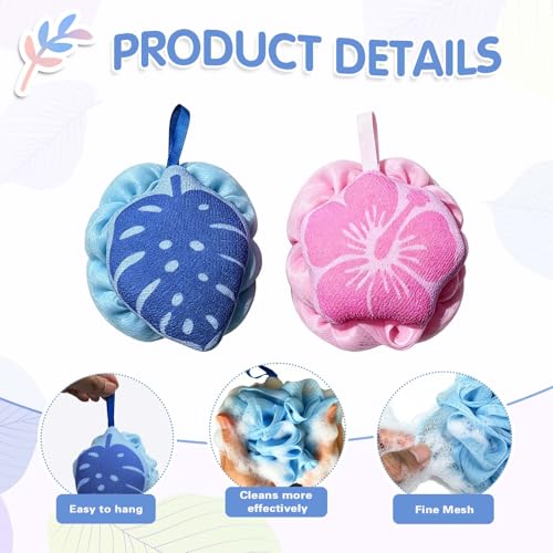 2PCS Shower Loofah Sponge, Hawaiian Floral Bath Pouf with Soft Mesh, Gentle Body Scrubber for Shower and Bath, Tropical Bathroom Accessories for Women and Men - color: Blue Pink-a