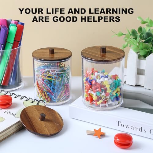 4 Pack Qtip Holder Dispenser with Wood Lids - 10 oz Clear Plastic Apothecary Jar Containers for Vanity Makeup Organizer Storage - Bathroom Accessories Set for Cotton Swab,Pads, Ball, Floss