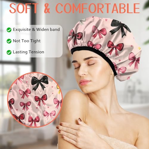 Luxury Shower Cap Terry Lined Reusable Triple Layer Waterproof Hair Elastic Caps Shower Bath Hat for Women Girls Cute Aesthetic-Pink Bowknot - color: AL20-Pink Bowknot