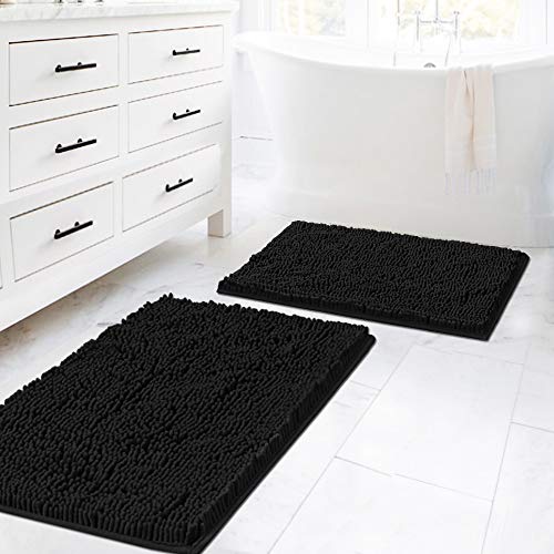 H.VERSAILTEX Black Bathroom Rug Set 2 Piece, Bath Mats for Bathroom Floor, Super Thick Soft Shaggy Chenille Bath Mats Machine Washable, Dry Fast Water Absorbent Bath Mats(20" x 32"/17" x 24") - color: Black, size: 20" x 32" Plus 17" x 24"