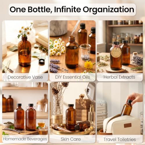 TBWIND 24 Pack 8oz Amber Glass Boston Round Bottles with Airtight Caps | Designed for Homemade Vanilla Extract, Tinctures, Juice, Syrups, Kombucha & Herbal Liquids with Droppers, Labels & Funnels - size: 8oz