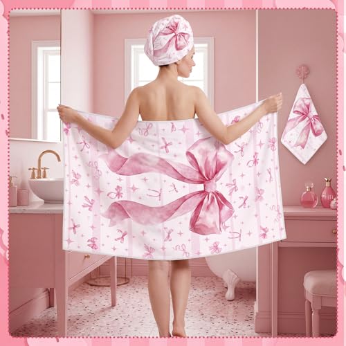 Moukeren Set of 3 Pink Bow Bath Towels Cute Coquette Large Bow Bath Towel Hand Towel and Washcloth Soft Decorative Towels for Girls Womens Bathroom Kitchen Pool Gym Spa Yoga - style: Large Bow