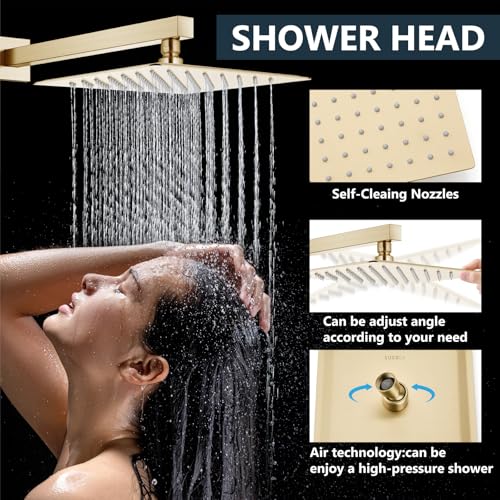 Aolemi Shower Faucet Set Rain Shower System with Handheld Spray Bathroom Shower Combo Rough-in Valve and Shower Trim Kit Included Brushed Gold 12 Inch Wall Mount Shower Head - color: Brushed Gold, size: 12 Inch Wall Mount Shower Head