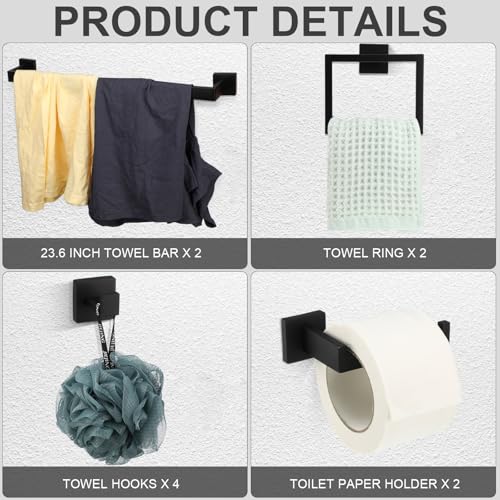 Gisafai 10 Pcs Black Bathroom Hardware Accessories Set 23.6 Inch Bath Towel Bar Kit Stainless Steel Bathroom Hardware Set Towel Racks Ring Robe Hooks Paper Holder for Wall Mounted - color: Black