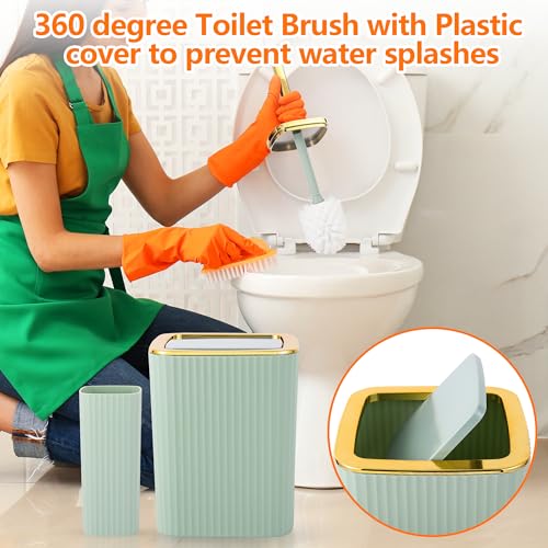 Bathroom Accessory Set,9 Pieces Light Green Bathroom Accessories Set with Trash Can, Toothbrush Holder, Soap Dispenser, Toothbrush Cup, Vanity Tray, Soap Dish, Toilet Brush, Qtip Holder - color: Lightgreen