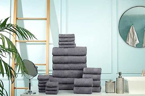 Hillfair 24 Piece Bath Towel Set - 100% Cotton - 2 XXL, 4 Bath, 6 Hand, 4 Fingertip, 8 Washcloths: Platinum - color: Platinum, size: 24 PC Bath Towel Family Set