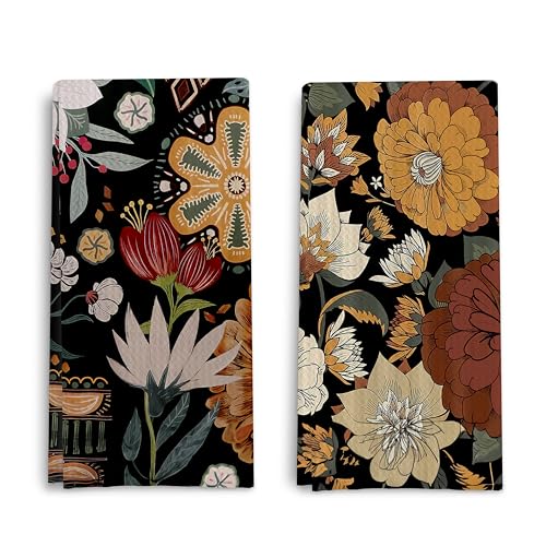 Abstract Floral Kitchen Dish Towels - Vintage Waffle Weave Kitchen Towels, Retro Flower Waffle Weave Decorative Kitchen Towels, Boho Hand Towels for Bathroom (16×24 Inches) - color: Retro Flower