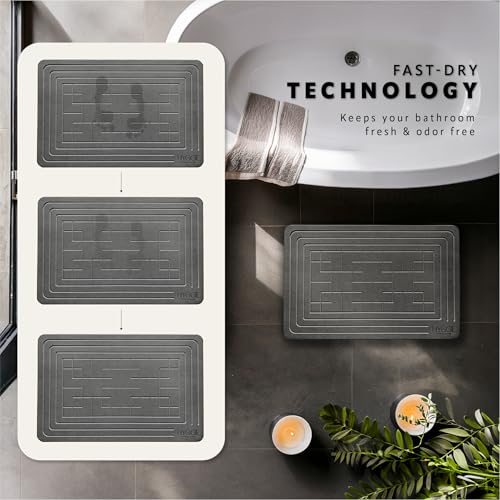 Diatomaceous Earth Stone Bath Mat - Ash Tile | Modern Fast Dry Bathroom Floor Shower Mat, Quick Drying Premium Luxury Diatomite Spa Stone Gift, Non-Slip Base, 23.6” x 15.4” - color: Ash Tile