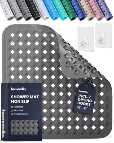 homerella® Shower Mat Non Slip Anti Mold, Non Slip Shower Mats for Inside Shower Stall Anti Slip Mat, Square Shower Floor Mat 21 x 21 in with Suction Cups & Hooks for Quick Drying, Machine Washable - color: Dark Grey