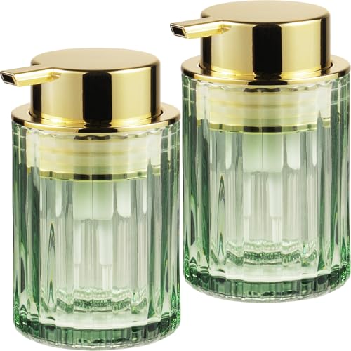 Amolliar Foaming Soap Dispenser, 8OZ Green Glass Soap Dispenser with Plastic Pump, Refillable Hand Soap Dispenser for Bathroom, Kitchen, Shower, Lotion, Dish Soap Dispenser, Home Decor, Gold 2 Pack - color: Gold
