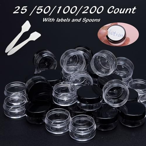 50 Count 5 Gram Sample Containers, Clear Lip Balm Containers with Lids, Small Plastic Sample Jars with 4 Mini Spoons, 50pcs Labels (Black Lid) - color: Black, size: 50 Count