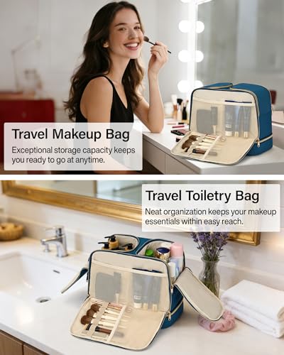 Hanke Travel Toiletry Bag, Lightweight Wide-open Large Toiletry Bags for Women, Dual-Layer Makeup Bag Water-Resistant Cosmetic Travel Bag with Handle for Accessories, Essentials, Navy Blue - color: Navy Blue