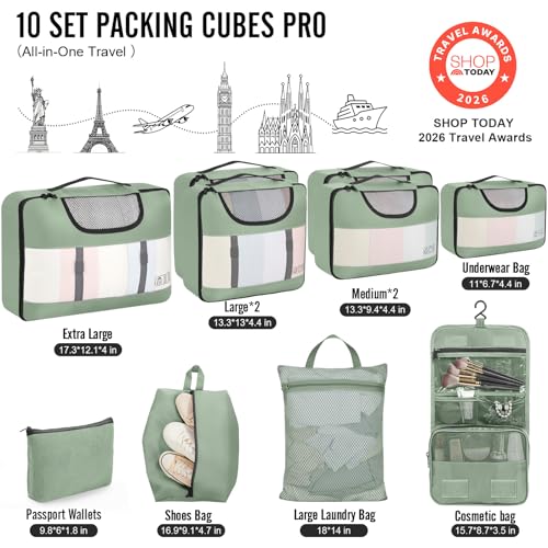 Veken 10 Set Packing Cubes for Travel Essentials,Anti-Wrinkle Buckled Suitcase Organizer for Shoe & Toiletry Bag,Carry On Luggage Bag with 99+ Count Mesh Holes for Airplane & College Dorm Accessories - color: 09 Matcha Green