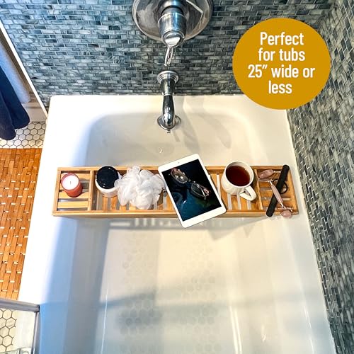 Mind Reader Bathtub Tray, Shower Organizer, Bathroom Accessory, Wood Tray, Rayon from Bamboo, 27.5" L x 5.75" Wx 1.75" H, Brown - style: Bathtub Tray