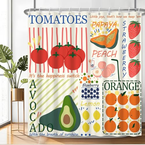 Fabric Shower Curtain with Hooks, Waterproof & Washable & Polyester, Summer Funny Doodle Colorful Cute Fruit Shower Curtains for Bathroom, Unique Cartoon Bathroom Curtain, House Gift, 71x74 Inch - color: Fruits Graffiti