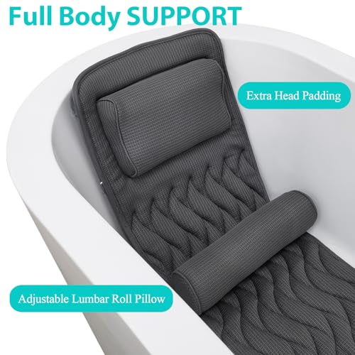 AEROiVi Full Body Bath Pillow with Adjustable Lumbar Roll Pillow Bathtub Cushion with 14 Suction Cups 3D Air Mesh Fit Any Tub Gray Bathroom Accessories - size: 50 inch gray