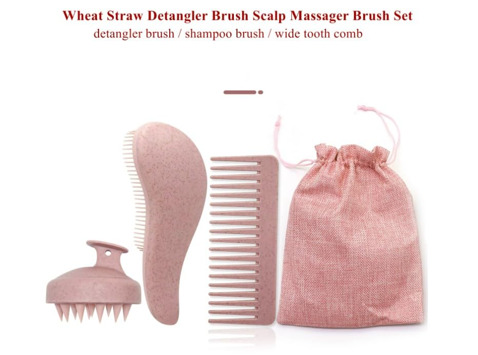 Wheat Straw Hair Brush and Comb Set - 100% Eco-Friendly - Wide Tooth Comb, Brush, and Scalp Massager Reduces Frizz & Promotes Healthy Hair Growth (3pc Combo) (Beige) - color: Beige