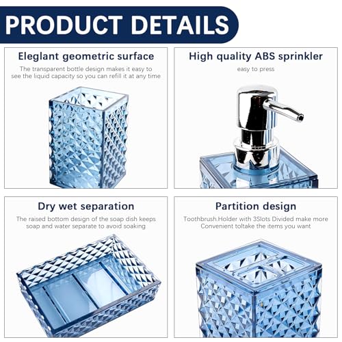 Bathroom Accessory Set, 4 PCS Blue Bathroom Accessories Set, Soap Dispenser and Toothbrush Holder Set, Soap Dish and Mouthwash Cup, Bathroom Decor, Bathroom Sets Accessories