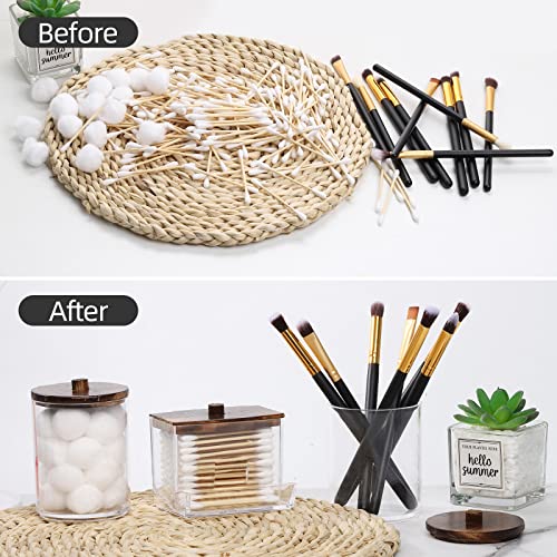 Tbestmax 3 Pack Qtips Holder Bathroom Container, 10 oz Cotton Ball/Swabs Dispenser, Apothecary Jar Organizer for Storage Brown Wood Lids - color: Group A-Brown Wood