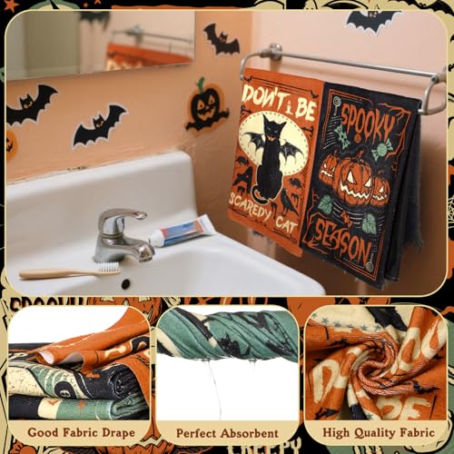 FuWeave 8 Pcs Halloween Shower Curtain Set for Bathroom Include Vintage Ghost Pumpkin Bat Cat Towels Non Slip Skull Rugs Toilet Lid Cover Spider Web Bath Mat and 12 Hooks for Halloween Bathroom Decor - color: Ghost Pumpkin