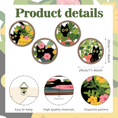 TOARTi 4PCS Boho Black Cat Wall Art Farmhouse Floral Cat Hanging Wood Sign Botanical Kitten Wall Decor Plant Cats Room Decor Floral Leaves Cat Wooden Sign for Living Room Bedroom Decoration - color: Flower Black Cat Wall Art