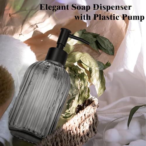 1 Pack 13.5oz Glass Soap Dispenser with Plastic Pump, Vertical Stripe Design Refillable Hand Soap Dispenser for Hand Wash, Bathroom and Kitchen - color: Transparent Grey