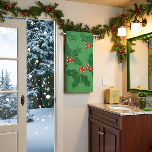 2 Pack Christmas Holly Berry Hand Towels 100% Cotton Jacquard Holiday Kitchen Dish Towels Retro Neutral Green Bathroom Towels Set Gift Seasonal Xmas Winter Bathroom Decor (Holly Berry Green) - color: Holly Berry Green