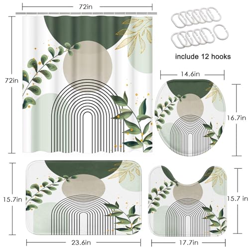 Boho Sage Green Mid Century Shower Curtain Set with Toilet Lid Cover and Non-Slip Rugs, Abstract Bohemian Gold Leaves Plant 4 Pcs Modern Minimalist Shower Curtain for Bathroom Set with 12 Hooks - color: Leaf Sage Green