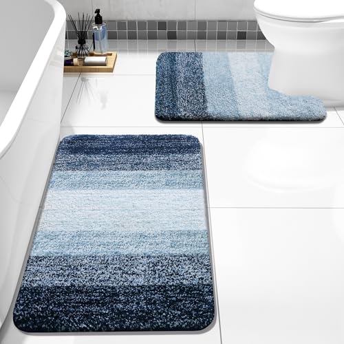 Arotive Bathroom Rugs Sets 2 Piece, Soft Absorbent Microfiber Bath Mats and U-Shaped Contour Toilet Rug, Machine Washable Dry Bath Mats for Bathroom, 24x16 and 24x20, Dark Blue - color: Dark Blue, size: 24" X 16" + U Shape 24" X 20"