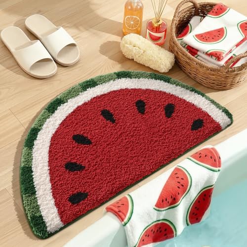 DEXI Bathroom Rugs Half Round 36x20, Cute Fruit Absorbent Bath Mat Non Slip Washable, Extra Soft Plush Microfiber Funny Bathmat for Shower Floor, Tub, Sink, Bedroom, Watermelon - color: Watermelon Slices