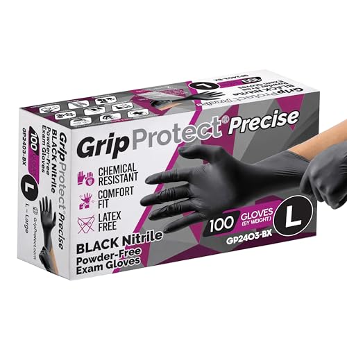 GripProtect Precise Black Nitrile Gloves 4 Mil – Chemical Resistant Nitrile Gloves with Textured Grip for Mechanics, Tattoos, Food Prep & Cleaning - Medical Grade Disposable Gloves, Large, 100 - size: Large (100 Count)