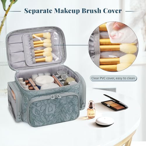 Bagmoly Large Makeup Bag, Portable Travel Makeup Bag Organizer for Women Girls with Makeup Brush Compartment & Two Side Pockets, Cosmetic Travel Bag Vertical Storage Toiletry - Floral Blue - color: 08-Dark Blue, size: Medium