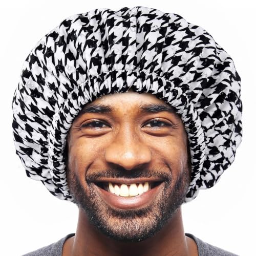 Shower Cap for Men Black Bath Cap, Reversible Terry Lined Large Waterproof Adjustable Shower Caps Elastic Band Stretch Hem Hair Hat for braids - color: Black Houndstooth