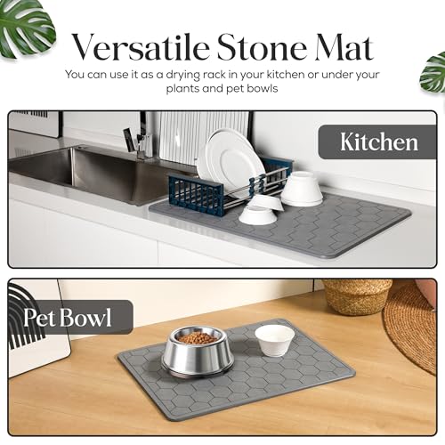 Diatomaceous Earth Stone Bathmat | Eco-Friendly XL Stone Bath Mat 18x24 Inch. Instant Dry Bathroom Mat with Sandpaper & Pads. Multiuse, Kitchen Counter & Stone Dog Bowl Mat (2, Grey) - color: Grey