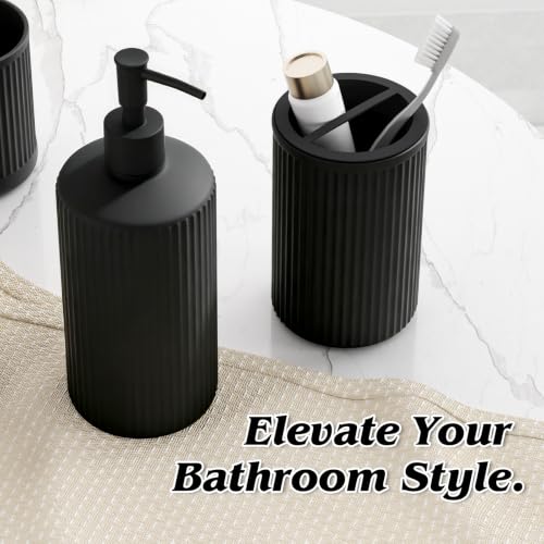 Black Glass Bathroom Accessories Set 5 Piece for Sink Countertop Organizer | Modern Bathroom Set That Organizes Sink Countertops And Keeps Soap, Toothbrushes & Daily Essentials Neat and Accessible - color: Black, size: 5 Pieces