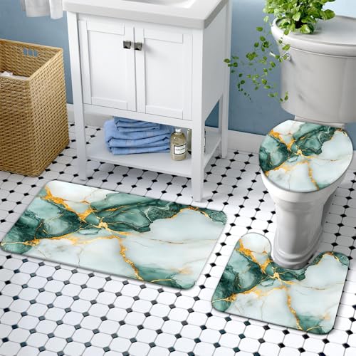 Lnond 4Pcs Marble Bathroom Sets with Shower Curtain and Rugs,Green Gold Marble Modern Art Bathroom Shower Curtain Sets with Rugs and Accessories - color: Green Gold Marble