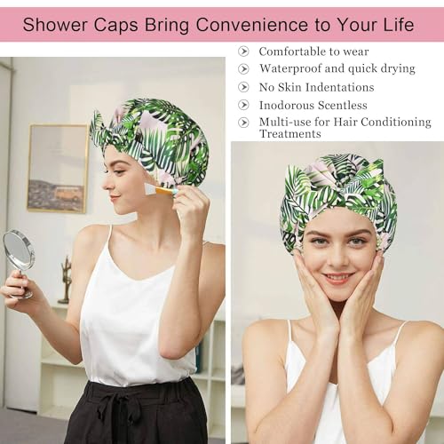 Luvruitaky Shower Cap Luxury Shower Caps for Women Reusable Waterproof Hair Cap for Shower with Adjustable Bowknot Hair Bath Cap (Green Palm) - color: Green Palm