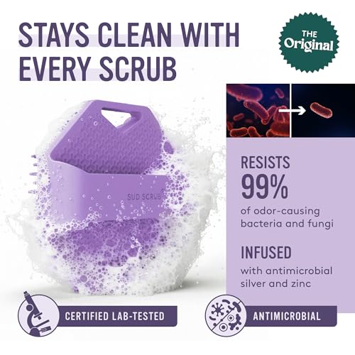 Sud Scrub® Antimicrobial Silicone Body Scrubber, Exfoliating Body Brush for Sensitive Skin, Antibacterial Shower Scrubber for Body, Bathroom Essentials for Men & Women, Purple - color: Purple
