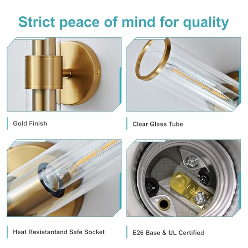 Gold Wall Sconce 2 Pack Hardwired, Bathroom Light Fixtures Clear Glass Featuring Two E26 sockets, Vanity Lights Fixtures for Bathroom, Dimmable - Bulb Not Included, UL Certification - color: Gold Clear Glass-2Pack
