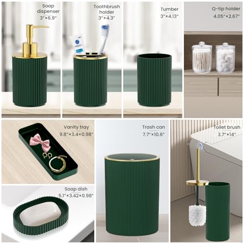 Dark Green Bathroom Accessories Set, 10PC Bathroom Set, Bath Accessory with Pop Up Trash Can, Soap Dispenser, Toilet Brush, Toothbrush Set Qtip Holders & Tray - color: Dark Green & Gold, size: 10-Piece Set (Accessories Only)