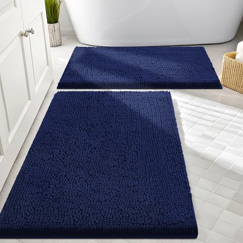 Smiry Bathroom Rugs Sets 2 Piece, Soft Absorbent Chenille Machine Washable Non Slip Shaggy Bath Rug Set for Tub, Shower, and Floor (30x20+24x16, Navy Blue) - color: Navy Blue, size: 30"x20"+24"x16"