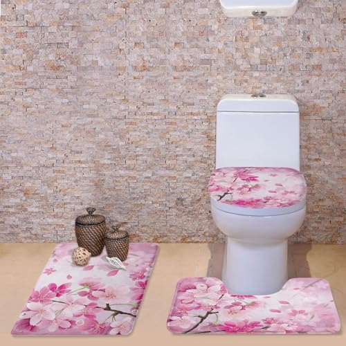 Cherry Blossom 3 Piece Bathroom Rug Set Bathroom Rug Sets 3 Piece with Toilet Cover Bathroom Rug Set with Toilet Cover Bathroom Rug and Toilet Seat Cover Set Toilet Seat Cover Set for Home - color: Cherry Blossom